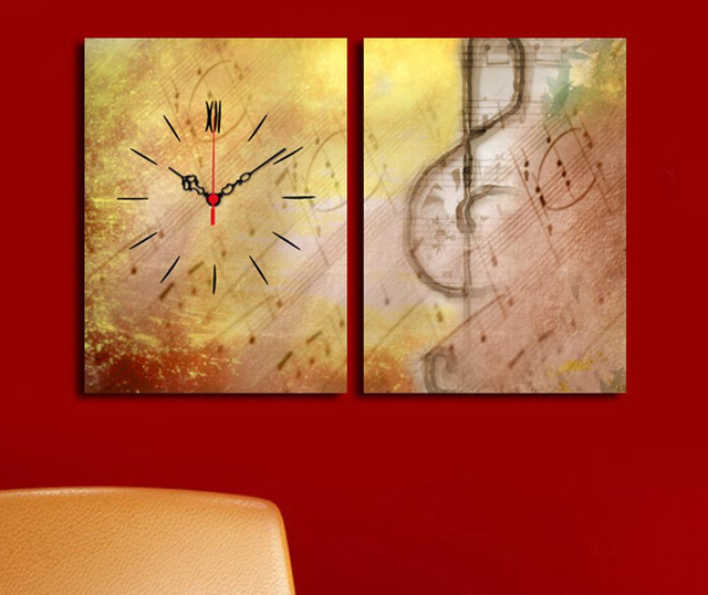 Set 2 tablouri cu ceas Clock Art, Music, panza imprimata, 30x40 cm