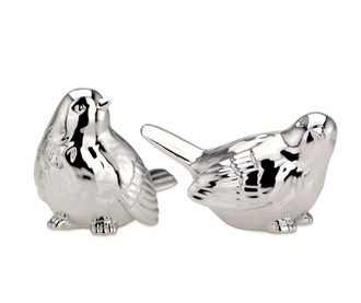 Set 2 decoratiuni Hermann Bauer Jun. Gmbh, Lovely Sparrows, portelan placat prin galvanizare cu argint, 13x8x9 cm