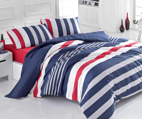 Set posteljina King Ranforce Stripe Dark Blue Red 200x220