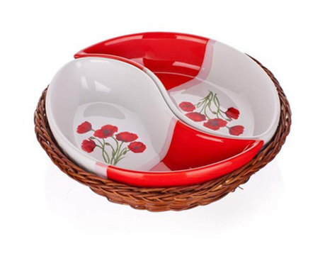 Set 3 piese pentru aperitiv Banquet, Red Poppy Basket, ceramica, 22x22x6 cm