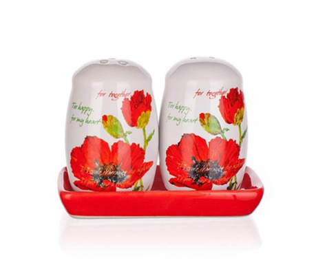 Set solnita si pipernita cu suport Banquet, Red Poppy, ceramica, 8x12x7 cm