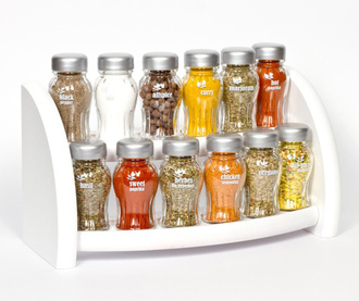 Set 12 recipiente cu condimente si suport suspendabil Gald, Aroma White, lemn de fag, 30x13x20 cm