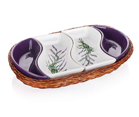 Set 4 boluri aperitive in cos Banquet, Lavender Flowers, ceramica, 19x31x5 cm