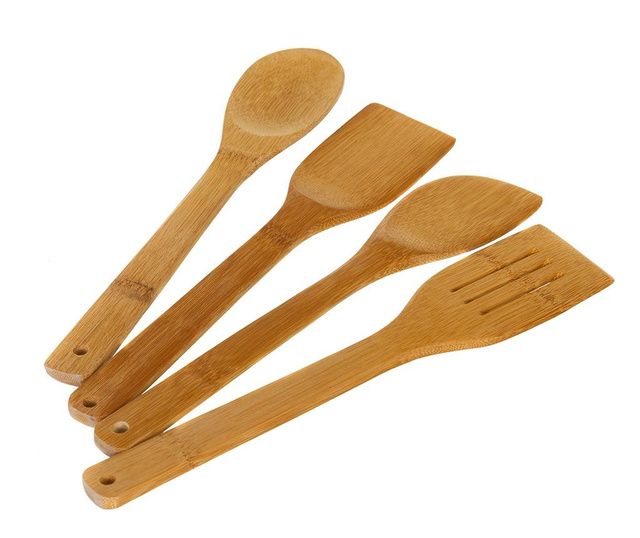 Set 4 ustensile de bucatarie si suport Bamboo