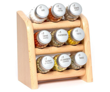 Set 9 recipiente cu condimente si suport suspendabil Gald, Compact Natural, lemn de fag, 18x13x21 cm
