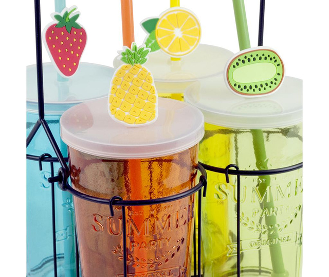 Комплект 4 чаши с капачка, сламка и поставка Fruits