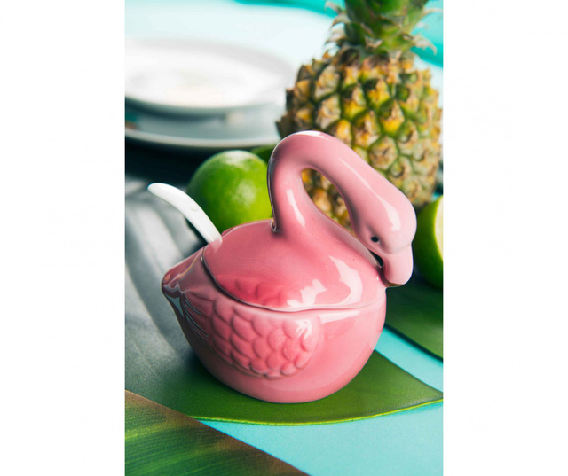 Zestaw cukierniczka z pokrywką i łyżeczka Sweet Flamingo 0.15