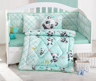 Set - otroška posteljnina, prešita odeja in zaščita posteljice Ranforce Panda Mint 95x145