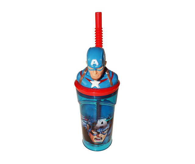 Pahar cu capac si pai Captain America 3D 360 ml