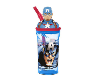 Pahar cu capac si pai Captain America 3D 360 ml