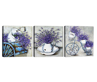 Set 3 tablouri Tablo Center, Lavender Bouquet, canvas imprimat din bumbac, 30x30 cm