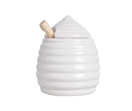 Recipient cu capac si lingura pentru miere Esschert Design, Oh Hon, ceramica, 11x11x13 cm
