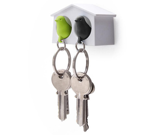 Set 2 brelocuri si suport pentru chei Qualy, Mini Sparrow White Green Black, multicolor, plastic ABS