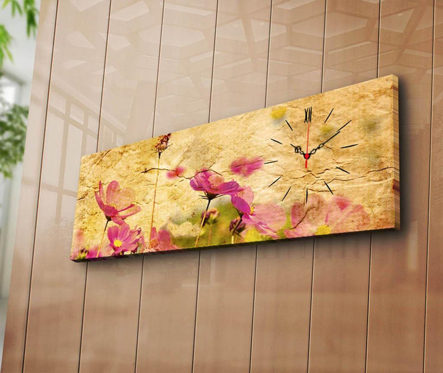 Tablou cu ceas Clock Art, Soft Flowers, canvas imprimat, 30x90 cm