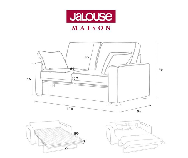 Canapea extensibila 2 locuri Jalouse Maison, Serena Grey, gri, 170x96x90 cm
