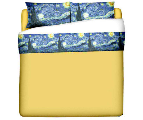 Set cearsaf de pat si 2 fete de perna King Ranforce Polo Ovest, Van Gogh Starry Night, bumbac imprimat digital