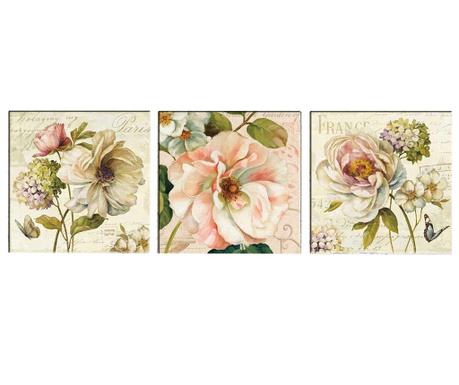 Set 3 tablouri Tablo Center, Vintage Flowers, canvas imprimat pe 100% bumbac, 30x30 cm