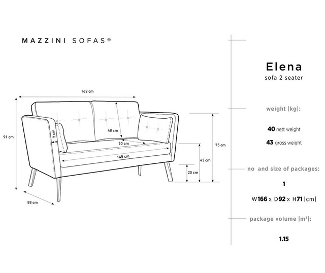 Elena Dark Grey Kétszemélyes kanapé