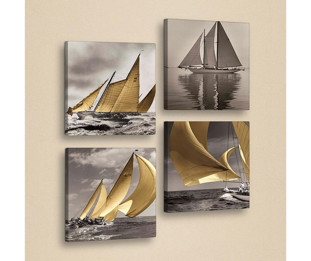 Set 4 tablouri Evila Originals, Sailing, piele ecologica imprimata, 33x33 cm