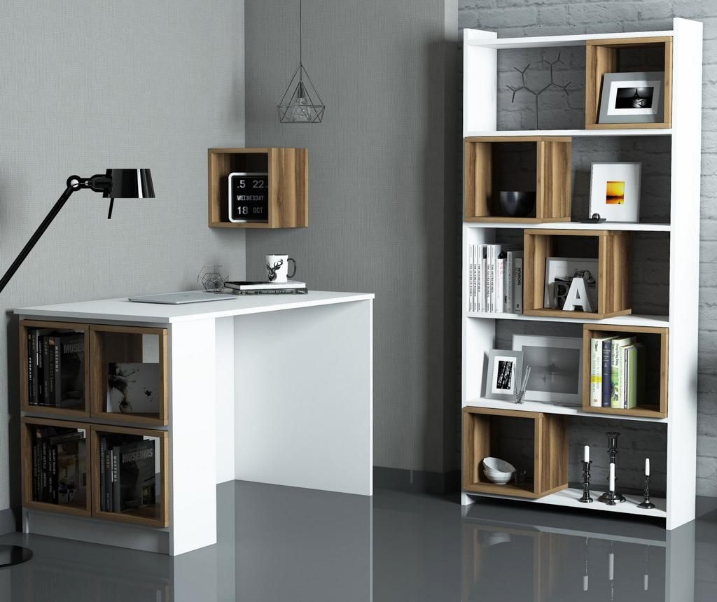 Set radni stol, Set radni stol sa regalom i zidnom policom Box White Walnut