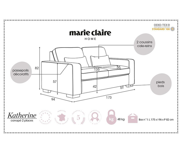 Canapea 2 locuri Marie Claire Home, Katherine Taupe, grej, 173x94x82 cm
