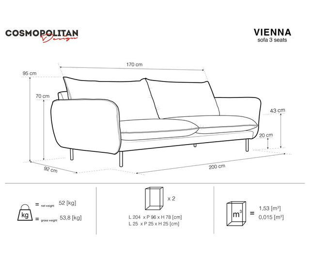 Canapea 3 locuri Vienna Light Blue