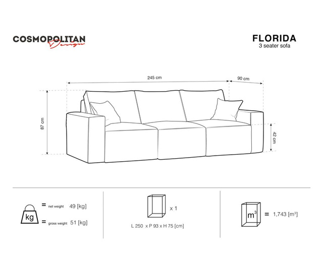 Florida Light Grey Háromszemélyes kanapé