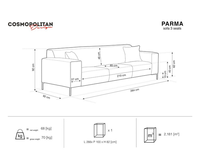 Parma Gold Háromszemélyes kanapé