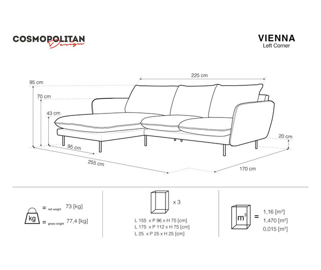 Leva kotna sedežna garnitura Vienna Light Grey