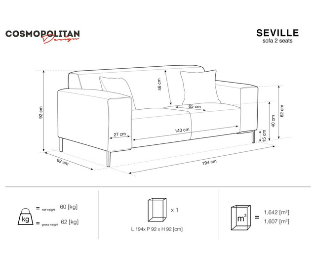 Sofa dvosjed Seville Light Grey