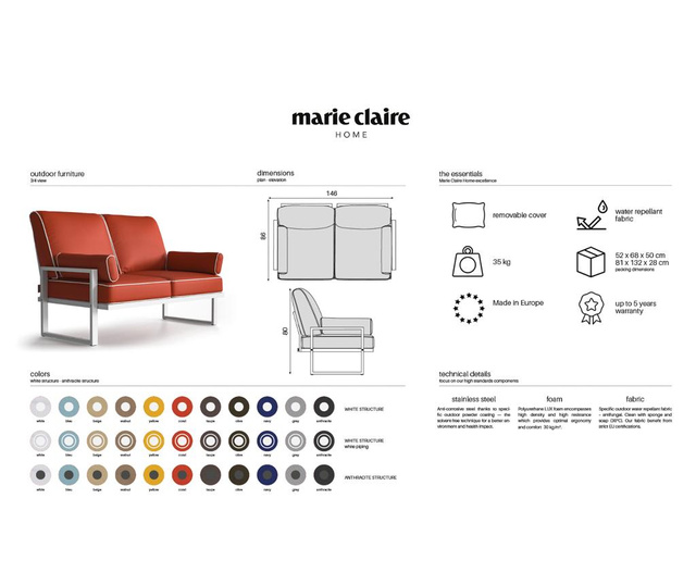 Canapea pentru exterior 2 locuri Marie Claire Home, Marco Grey, gri, 146x86x80 cm