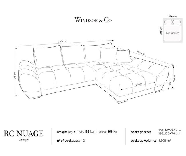 Coltar extensibil dreapta Windsor & Co, Nuage Grey, 285x192x92 cm