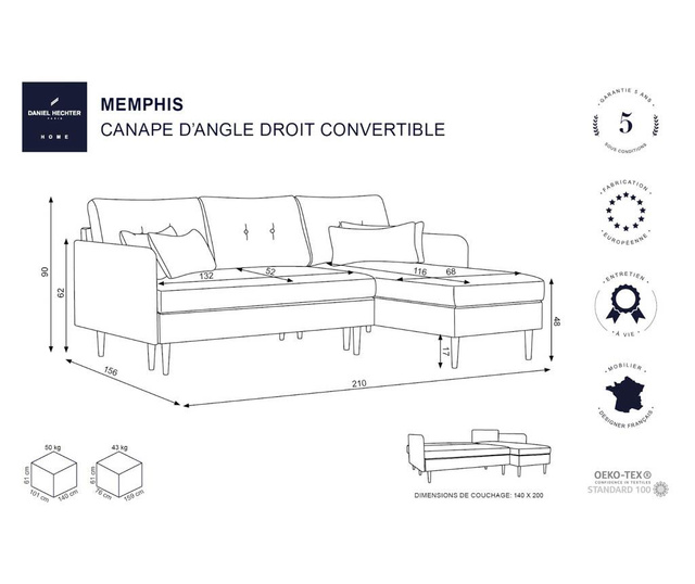 Разтегателен десен ъглов диван Memphis White