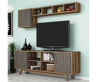 Set comoda TV si corp cu rafturi Hommy Craft, Inci Walnut Blue, PAL melaminat, maro nuca/albastru