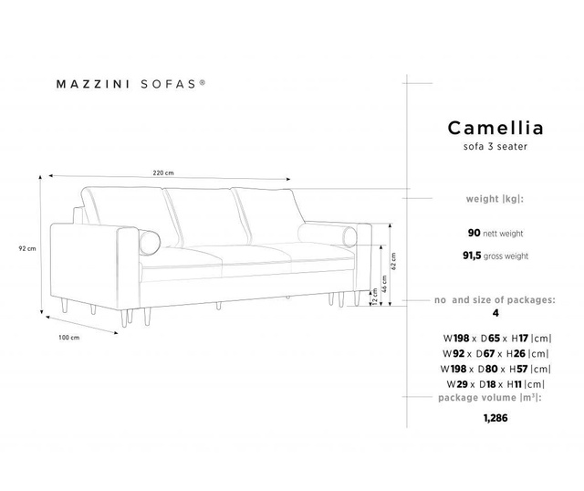 Camellia Black Kihúzható háromszemélyes kanapé