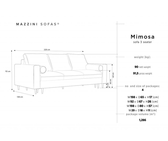 Canapea extensibila 3 locuri Mazzini Sofas, Mimosa Black, negru, 220x100x92 cm