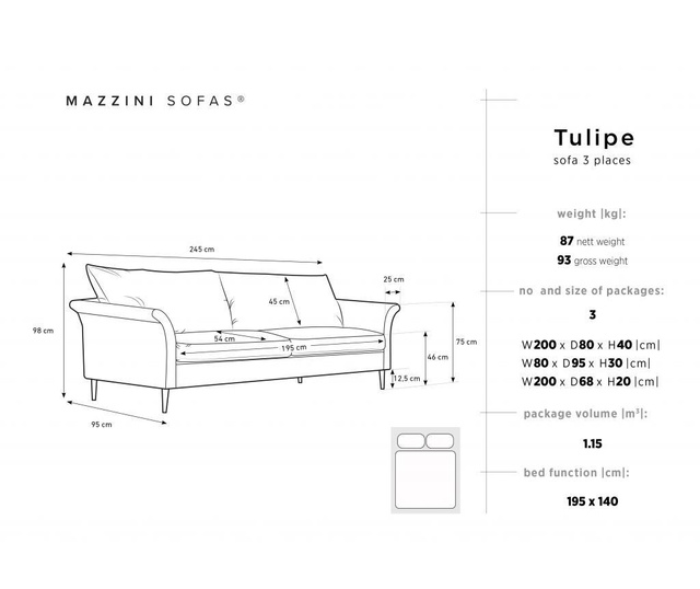 Tulipe Dark Grey Kihúzható háromszemélyes kanapé