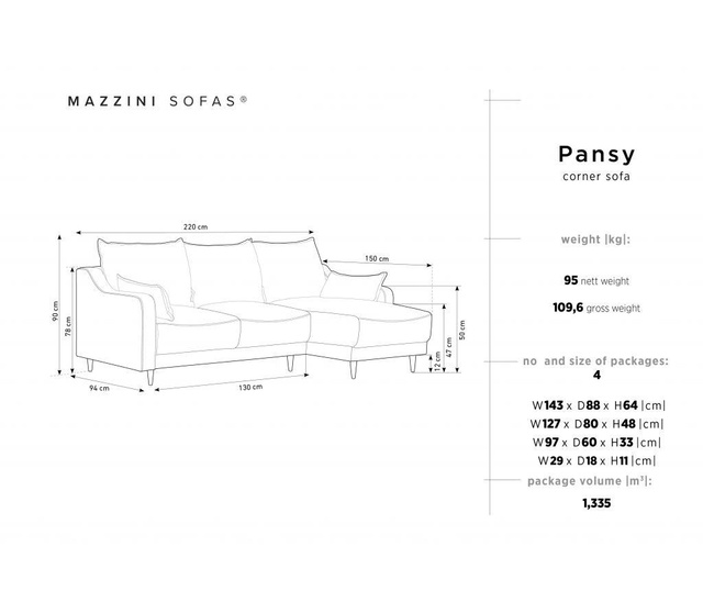 Pansy Light Grey Kinyitható megfordítható négyszemélyes sarokkanapé