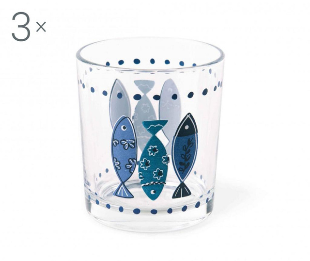 Set 3 pahare pentru apa Excelsa, Ocean Blue, sticla presata, 8x8x8 cm