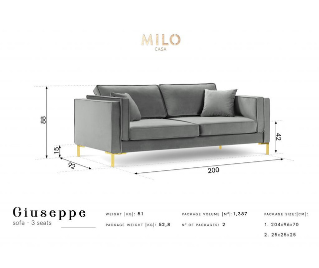 Canapea cu 3 locuri Milo Casa, Giuseppe Light Grey, gri deschis, 200x92x88 cm