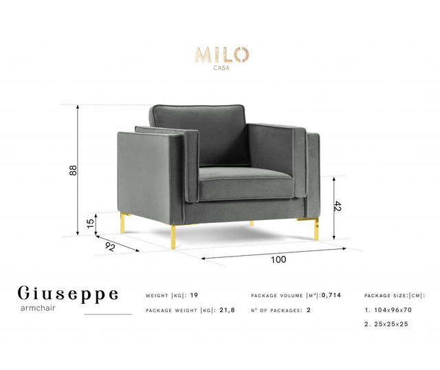 Fotoliu Milo Casa, Giuseppe Grey, gri, 100x92x88 cm