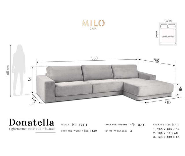 Coltar extensibil dreapta Milo Casa, Donatella Beige, bej, 350x180x84 cm