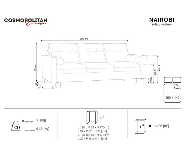 Sofa trosjed na razvlačenje Nairobi Light Grey