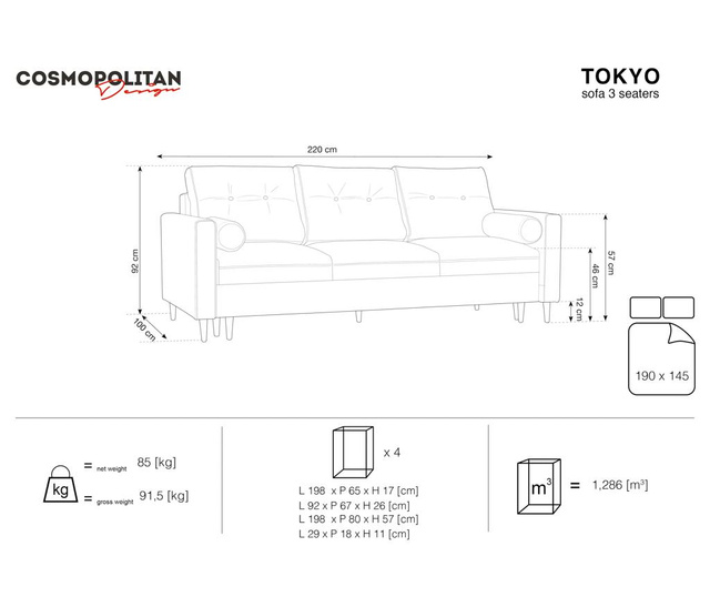 Canapea extensibila 3 locuri Cosmopolitan Design, Tokyo Light Grey, gri deschis, 210x100x92 cm