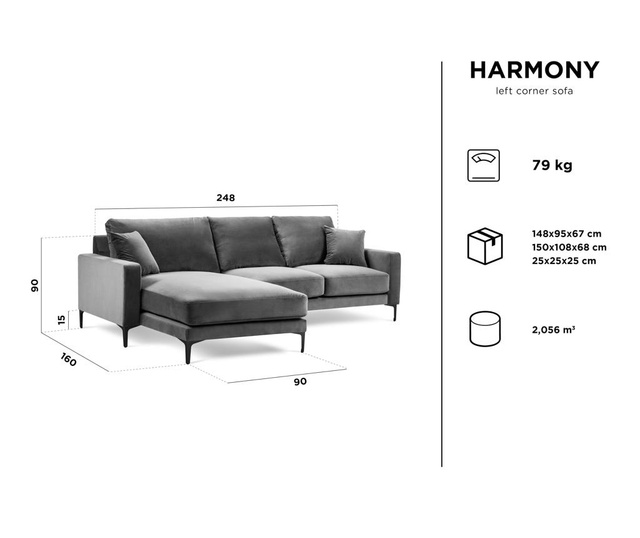 Четириместен ляв ъглов диван Harmony Grey