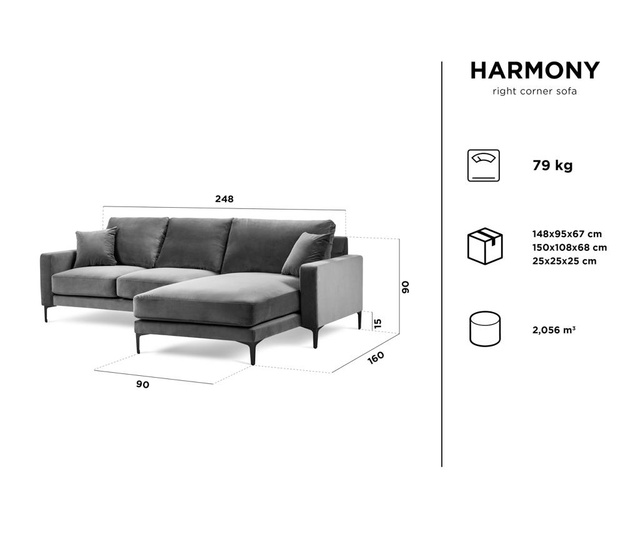 Desna kutna sofa četvorosjed Harmony Dark Grey
