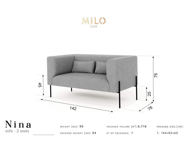 Canapea 2 locuri Milo Casa, Nina Light Grey, gri deschis, 142x78x75 cm