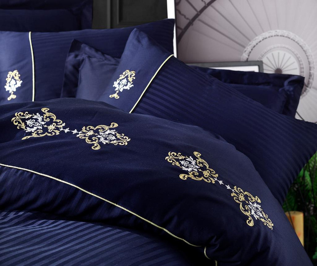 Set posteljina King Satin Supreme Premium Embroided Dark Blue