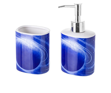 Set dispenser pentru sapun lichid si suport pentru periute de dinti Casa Selección, Univers, ceramica, albastru
