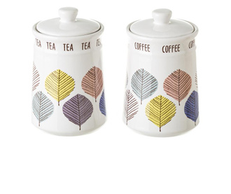 Set 2 recipiente cu capac Casa Selección, Leaves, ceramica, multicolor, 340 ml